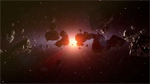 Flying trough asteroid field towards the alien sun Stock Footage 58742070