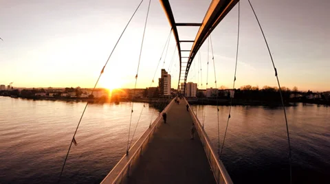 Flying trough bridge at sunset. modern futuristic architecture. fly over Stock-Footage 36174974