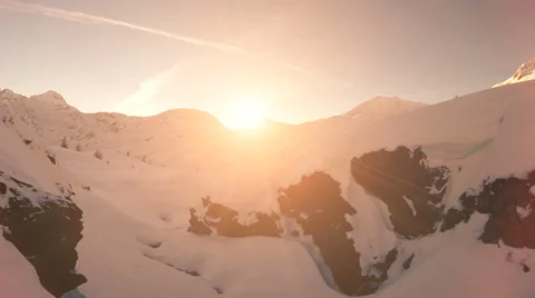 Flying trough snow landscape. winter nature. sunset. aerial view. fly over Stock Footage 34570444