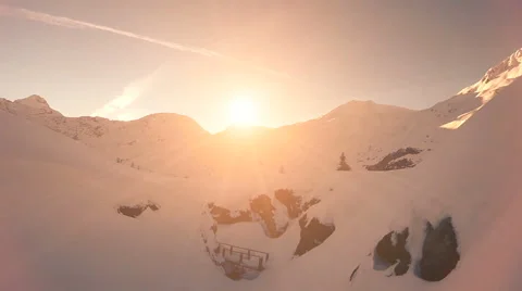 Flying trough snow landscape. winter nature. sunset. aerial view. fly over Stock-Footage 64540115