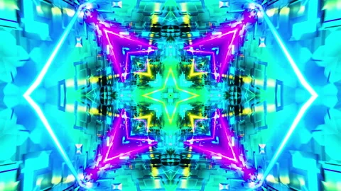 Flying in a tunnel with flashing multicolored fluorescent lights. Kaleidoscope Stock Footage 201366191