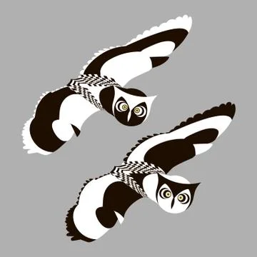 Flying two owls. Pair of stylized black white owls Stock Illustration