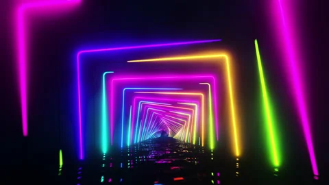 Flying under arches painted with multicolored light. Infinitely looped animation Stock Footage 204073086