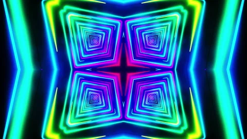 Flying under arches painted with multicolored light. Kaleidoscope VJ loop. Stock Footage 207417811