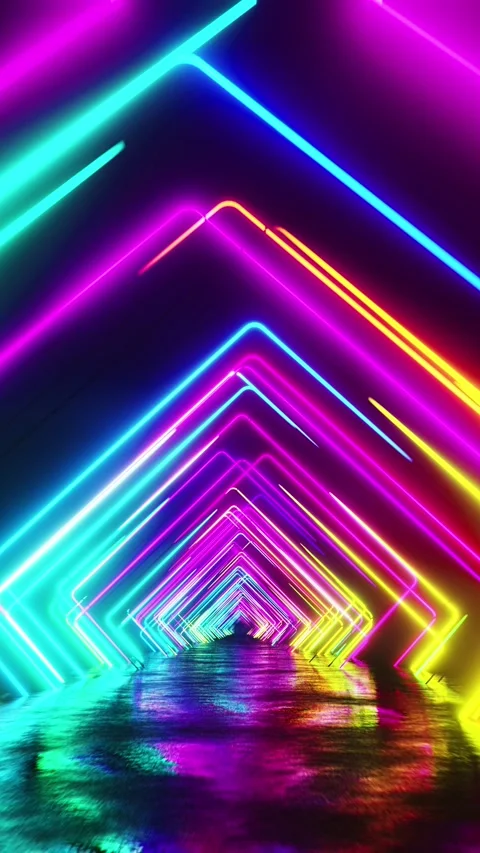 Flying under arches painted with multicolored light. Vertical looped video Stock Footage 226370571