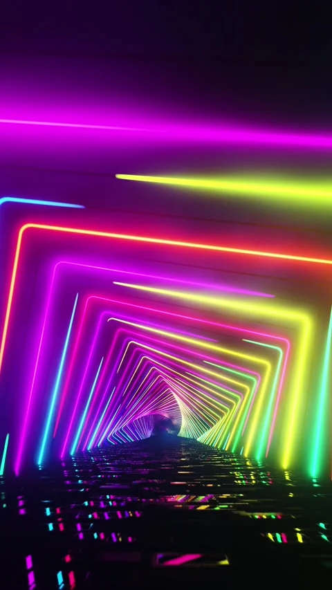 Flying under arches painted with multicolored light. Vertical looped video Stock Footage 229459866