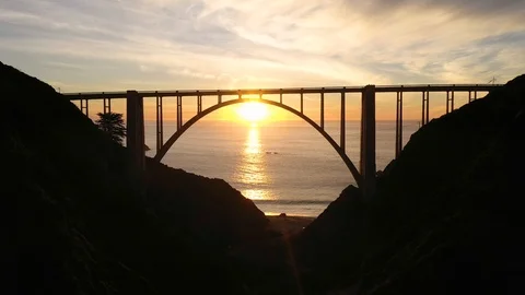 Flying Under the Bixby Bridge Towards the Sunset Stock Footage 112841133