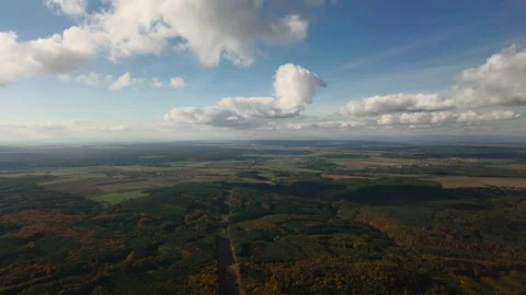 Flying under cumulus clouds over green canopy of forests and meadows, aerial Vidéo 339038607