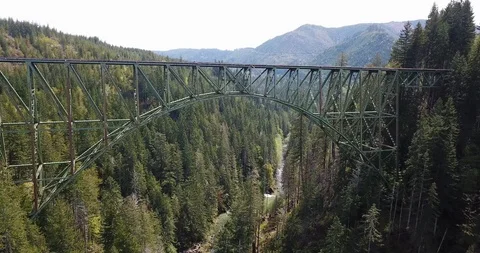 Flying Under Massive Abandoned Vance Creek Bridge Over Deep Canyon. Aerial Stock Footage 113879349