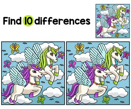 Flying Unicorn Find The Differences Stock Illustration
