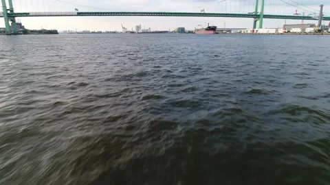 Flying Very Fast and Low Along Delaware River Philadelphia Stock Footage 141017714
