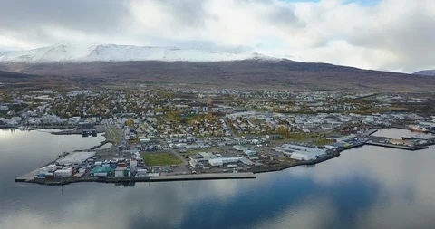 Flying view of Akureyri Video stock 106219129