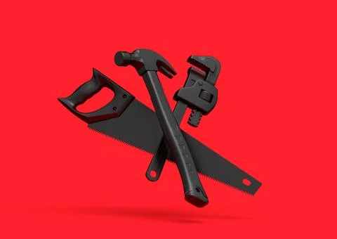 Flying view of black construction tools for repair on red background Stock Illustration