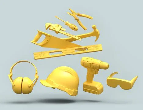 Flying view of monochrome construction tools for repair on grey background Stock Illustration