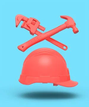 Flying view of red construction tools for repair on blue background Stock Illustration