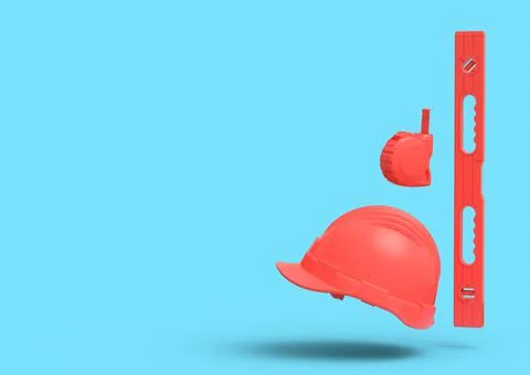 Flying view of red construction tools for repair on blue background Stock Illustration