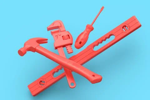 Flying view of red construction tools for repair on blue background Foto stock