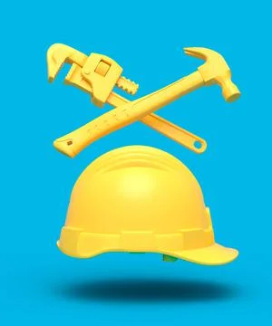 Flying view of yellow construction tools for repair on blue background Stock Illustration