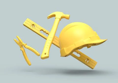 Flying view of yellow construction tools for repair on grey background Stock Illustration