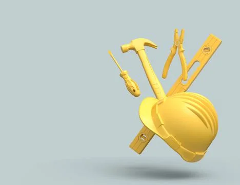 Flying view of yellow construction tools for repair on grey background Stock Illustration