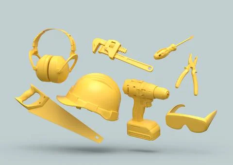 Flying view of yellow construction tools for repair on grey background Stock Illustration