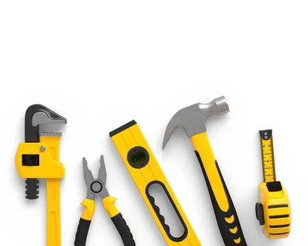 Flying view of yellow construction tools for repair on white background Stock Illustration