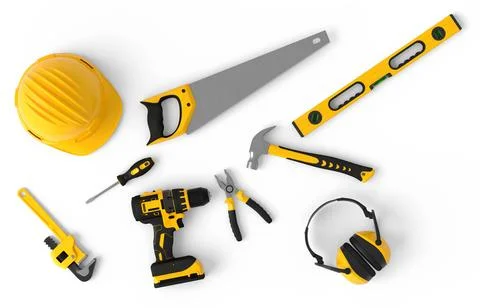 Flying view of yellow construction tools for repair on white background Stock Photos