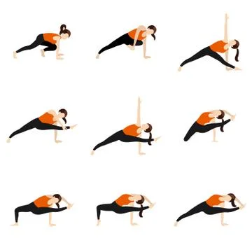 Flying warrior sequence yoga asanas set Stock Illustration