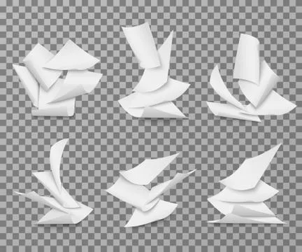 Flying white blank paper sheets. Pile of document pages vector set isolated Stock Illustration