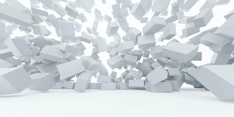 Flying white bricks cubes explosion dynamic destruction 3d render illustration 스톡 일러스트