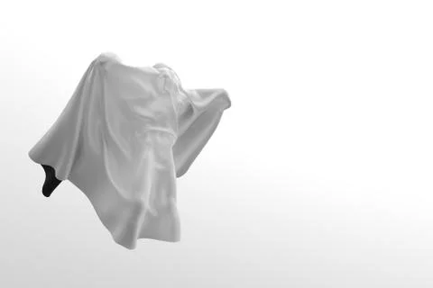 Flying White Ghost boy figure covered with a blanket sheet on White Background Stock Illustration