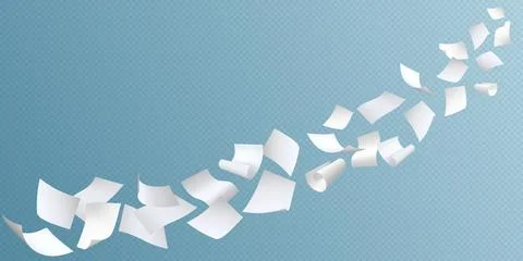 Flying white paper sheets flow, vector realistic throw paper pile floating in Stock Illustration