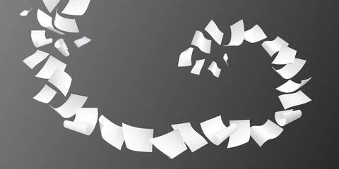 Flying white paper sheets, vector realistic throw paper pile floating in air Stockillustratie