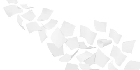 Flying white paper sheets, vector realistic throw paper pile flow floating in Stockillustratie