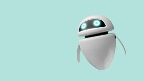 Flying white robot on blue background. 3d render Stock Illustration
