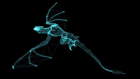 Flying wireframe digital dragon hologram over black background Stock Illustration