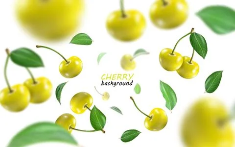 Flying yellow cherries background. Realistic quality vector. Stock Illustration