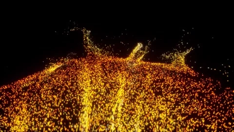 Flying yellow orange particles like sun look surface. Small balls on black Stock Footage 325680906