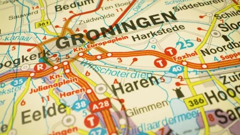Flyover across transportation atlas map towards groningen, netherlands Video stock 344640045
