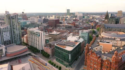 Flyover aerial shot over Manchester city center Stock Footage