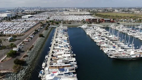 Flyover of boats in a marina Stock Footage