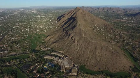 Flyover Camelback Mountain Phonician Resort Arizona Stock Footage