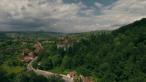 Flyover Dracula's castle in Transylvania Stock Footage 70486176
