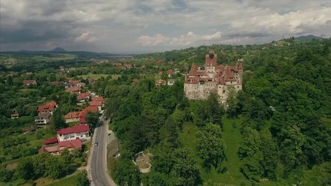 Flyover Dracula's castle in Transylvania Stock Footage 70486715