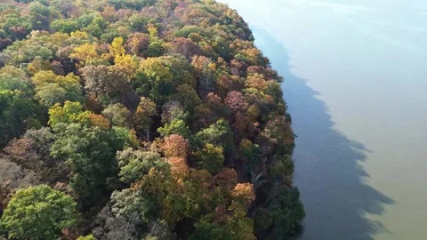 Flyover of Fall Foliage and a Muddy Hudson River Stock Footage 265111946