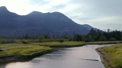 Flyover field with river running through the mountains Stock Footage 111789625