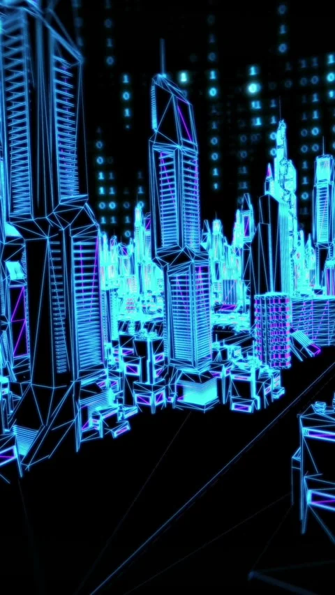Flyover a futuristic cityscape with binary 1/0 in the vertical video. Seamless Vidéo 310750140