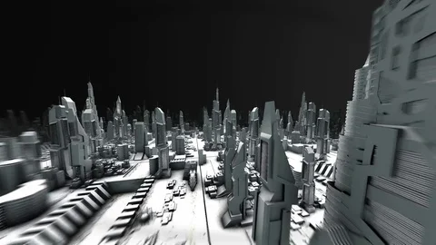 Flyover a futuristic cityscape. Seamless background in black and white. Stock Footage