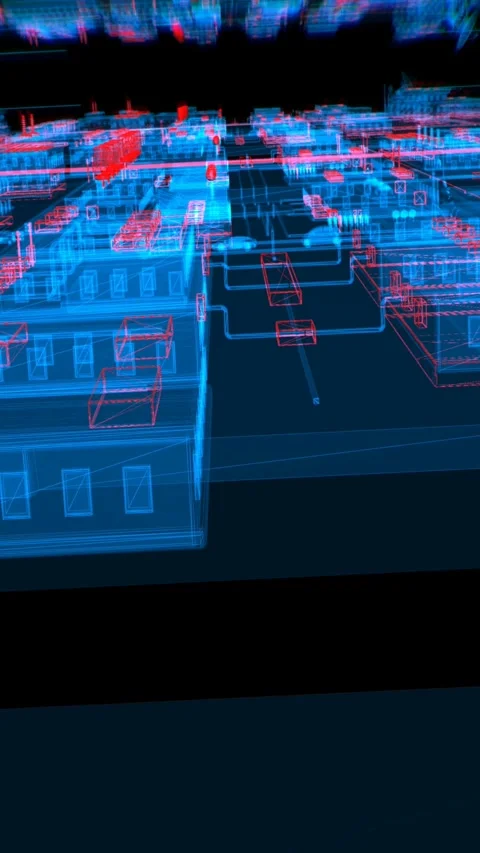 Flyover a futuristic cityscape with wireframe structure. Seamless animation Видео 311203825