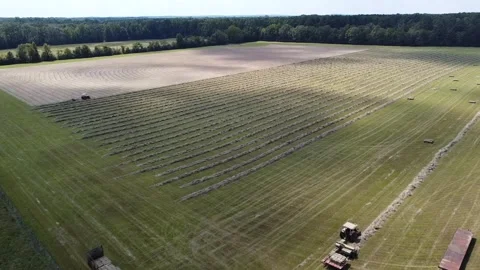 Flyover of a hay of field with multiple tractors. Stock Footage 248646674